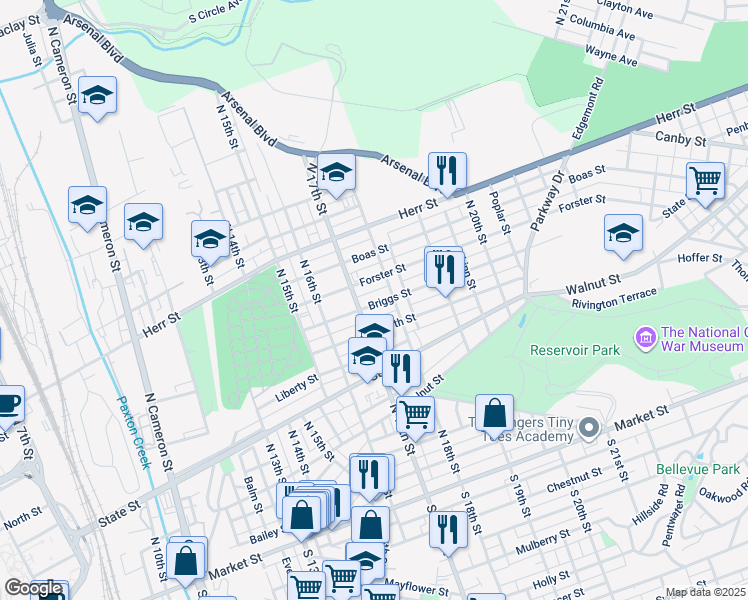 map of restaurants, bars, coffee shops, grocery stores, and more near 1714 Briggs Street in Harrisburg