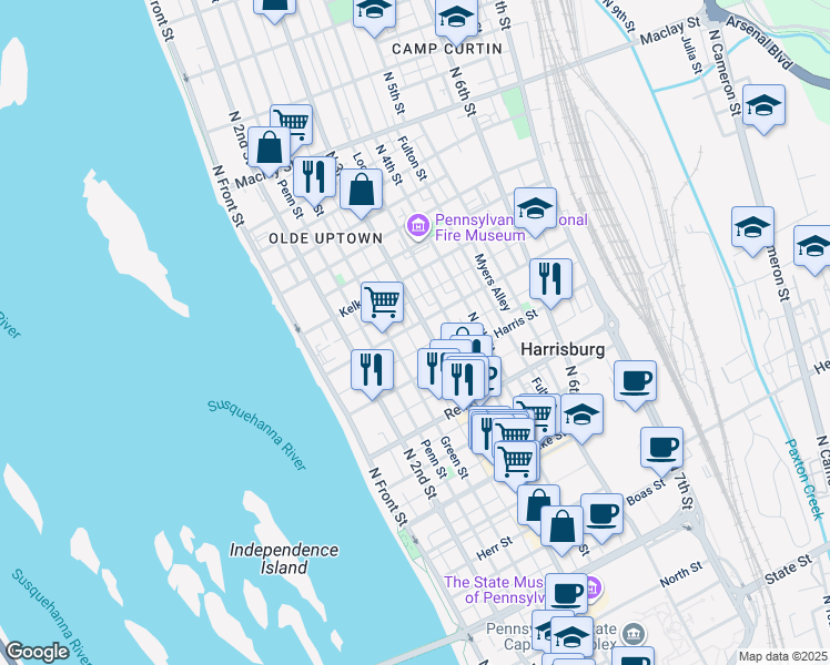 map of restaurants, bars, coffee shops, grocery stores, and more near 279 Hamilton Street in Harrisburg