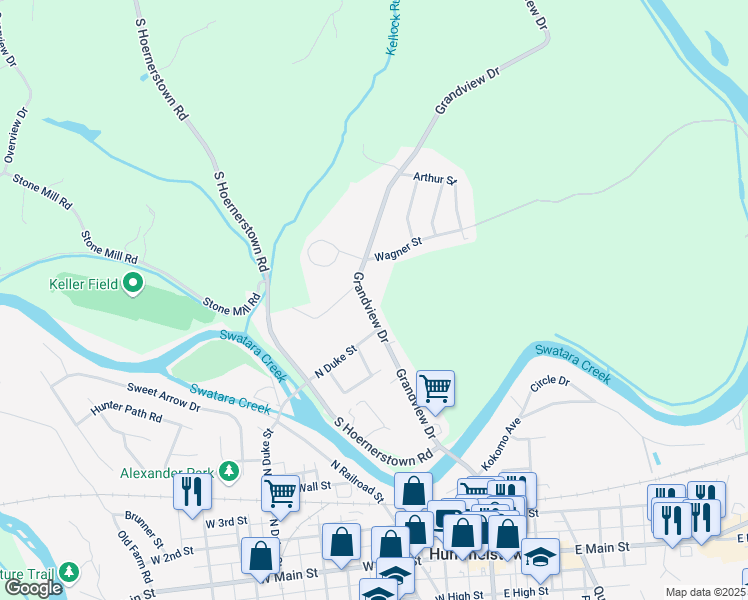 map of restaurants, bars, coffee shops, grocery stores, and more near 38 Grandview Rd in Hummelstown