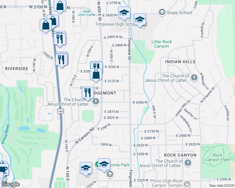 map of restaurants, bars, coffee shops, grocery stores, and more near 516 East 3050 North Street in Provo
