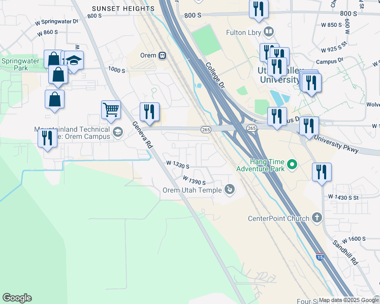 map of restaurants, bars, coffee shops, grocery stores, and more near 1163 West 1295 South Street in Orem