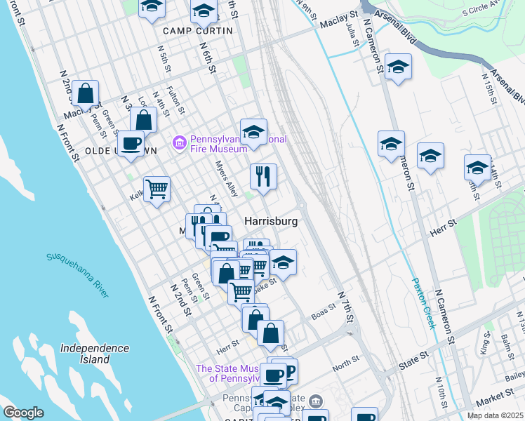 map of restaurants, bars, coffee shops, grocery stores, and more near in Harrisburg