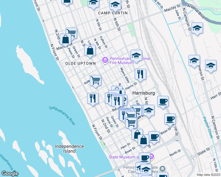 map of restaurants, bars, coffee shops, grocery stores, and more near 1619 North 3rd Street in Harrisburg