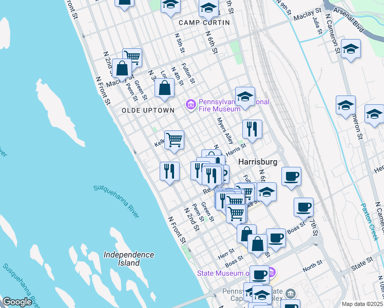 map of restaurants, bars, coffee shops, grocery stores, and more near 1619 North 3rd Street in Harrisburg