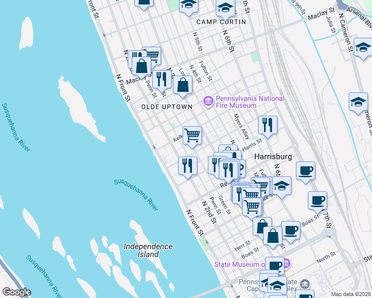 map of restaurants, bars, coffee shops, grocery stores, and more near 1704 Penn Street in Harrisburg