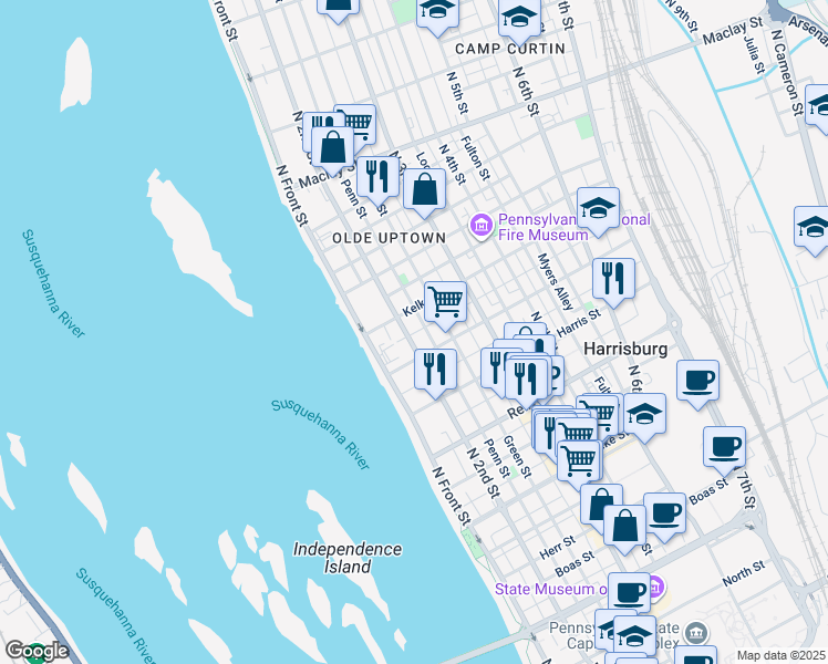 map of restaurants, bars, coffee shops, grocery stores, and more near 1704 Penn Street in Harrisburg