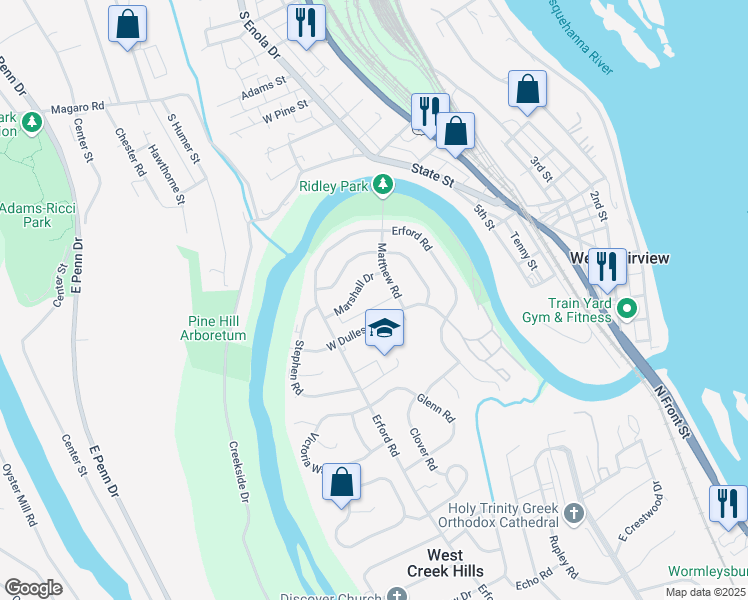 map of restaurants, bars, coffee shops, grocery stores, and more near 7 West Dulles Drive in Camp Hill