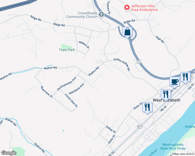 map of restaurants, bars, coffee shops, grocery stores, and more near Ohio Avenue in Jefferson Hills