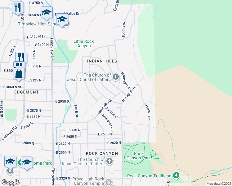 map of restaurants, bars, coffee shops, grocery stores, and more near 3013 Indian Hills Drive in Provo