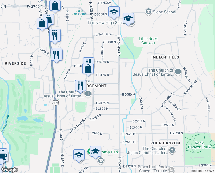 map of restaurants, bars, coffee shops, grocery stores, and more near 516 East 3050 North Street in Provo
