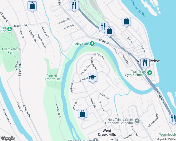 map of restaurants, bars, coffee shops, grocery stores, and more near 8 Marshall Drive in Camp Hill