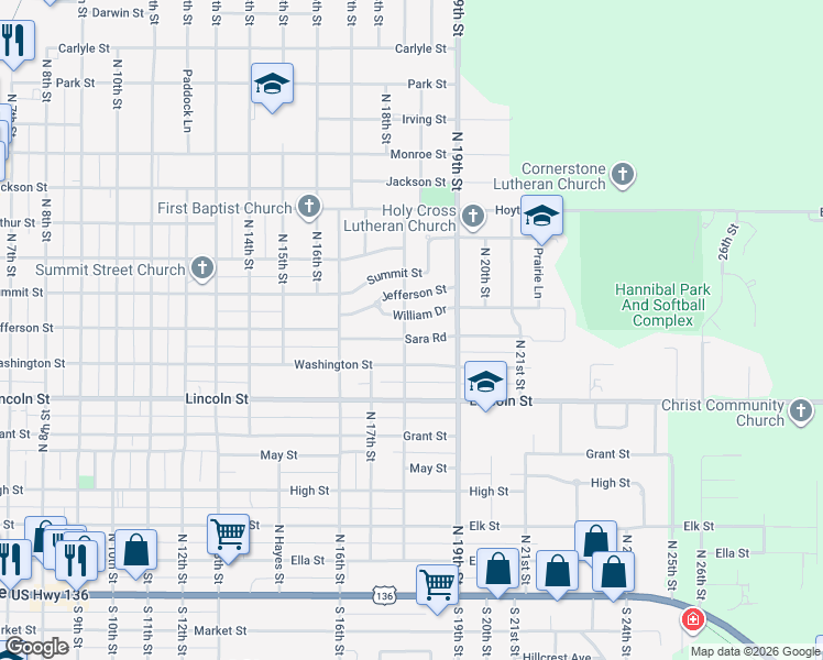 map of restaurants, bars, coffee shops, grocery stores, and more near 1816 Sara Road in Beatrice