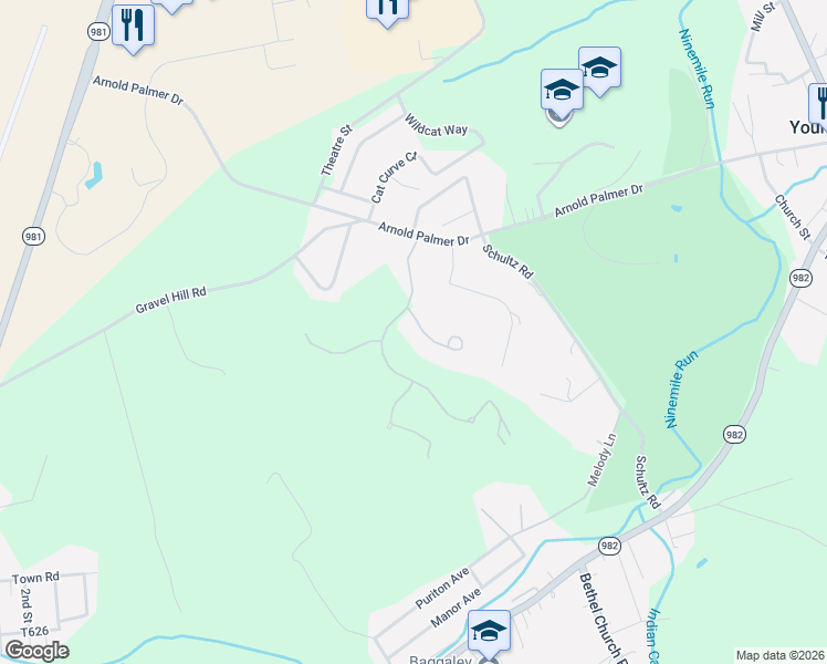 map of restaurants, bars, coffee shops, grocery stores, and more near 2004 Villa Drive in Latrobe