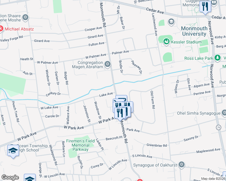 map of restaurants, bars, coffee shops, grocery stores, and more near 8 Monmouth Road in Ocean Township