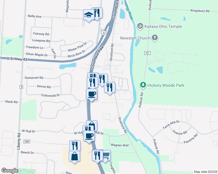 map of restaurants, bars, coffee shops, grocery stores, and more near 1300 Stratford Road in Delaware