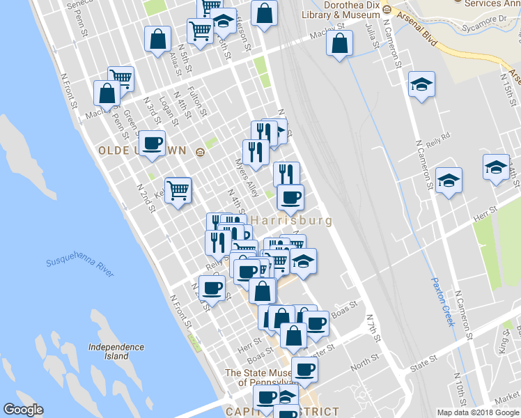 map of restaurants, bars, coffee shops, grocery stores, and more near 435 Harris Street in Harrisburg