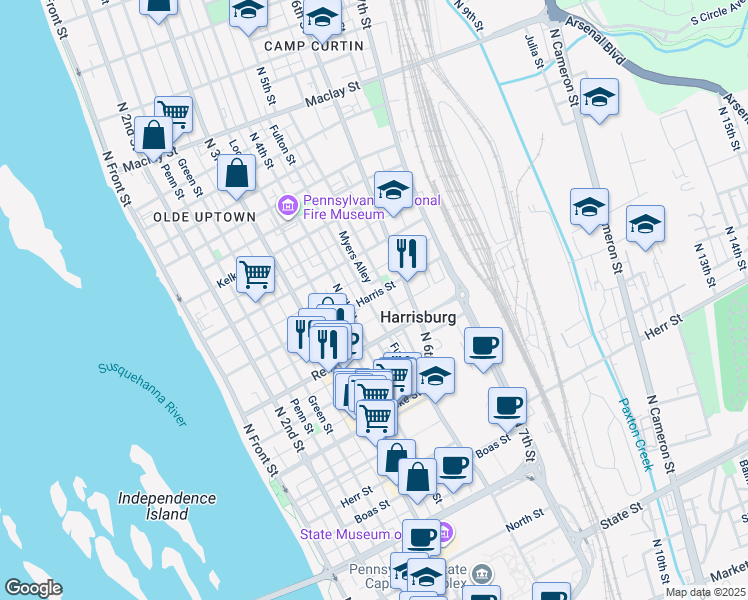 map of restaurants, bars, coffee shops, grocery stores, and more near 435 Harris Street in Harrisburg