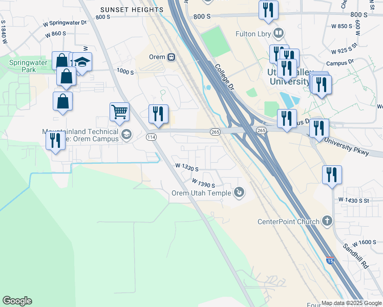 map of restaurants, bars, coffee shops, grocery stores, and more near 1191 West 1275 South in Orem