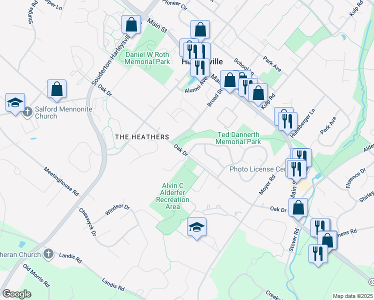 map of restaurants, bars, coffee shops, grocery stores, and more near 391 Huckleberry Lane in Harleysville
