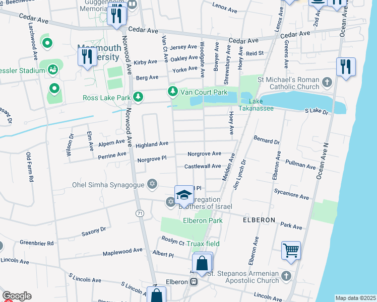 map of restaurants, bars, coffee shops, grocery stores, and more near 264 Norgrove Avenue in Long Branch