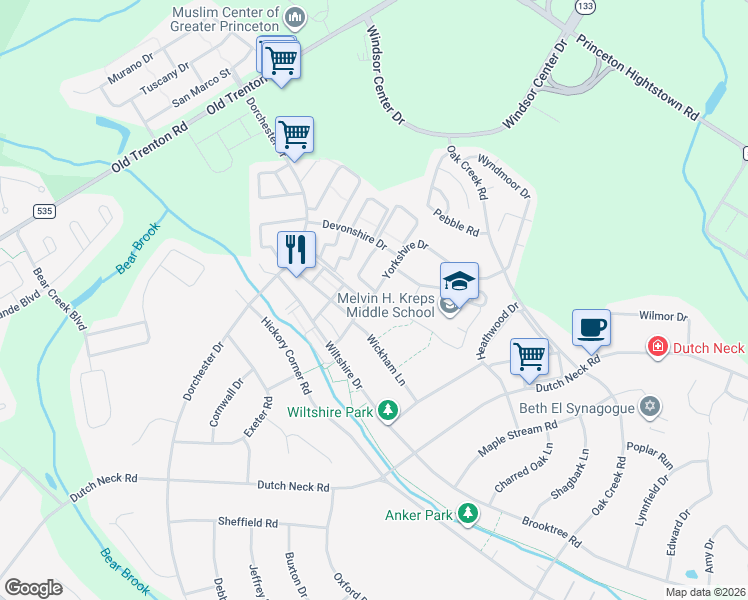 map of restaurants, bars, coffee shops, grocery stores, and more near 35 Yorkshire Drive in East Windsor