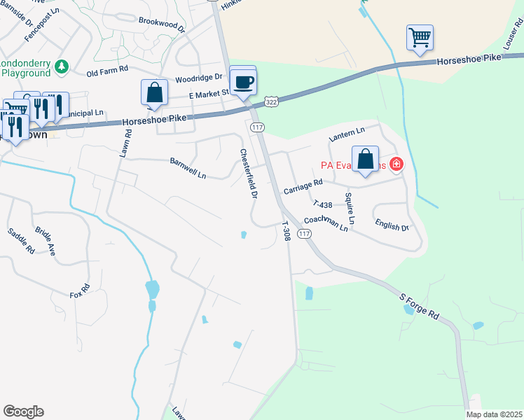 map of restaurants, bars, coffee shops, grocery stores, and more near 34 Chesterfield Drive in Palmyra