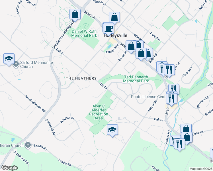 map of restaurants, bars, coffee shops, grocery stores, and more near 391 Huckleberry Lane in Harleysville