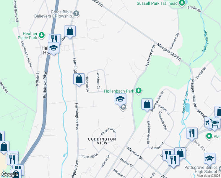 map of restaurants, bars, coffee shops, grocery stores, and more near 135 Hanover Drive in Pottstown