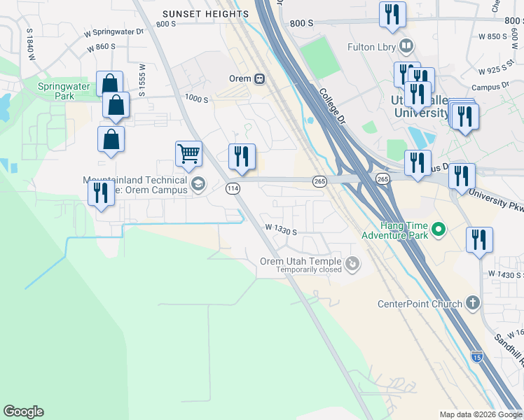 map of restaurants, bars, coffee shops, grocery stores, and more near 1230 West 1295 South Street in Orem