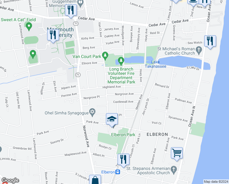 map of restaurants, bars, coffee shops, grocery stores, and more near 264 Norgrove Avenue in Long Branch