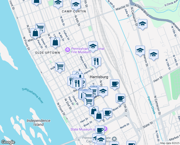 map of restaurants, bars, coffee shops, grocery stores, and more near 1533 Fulton Street in Harrisburg