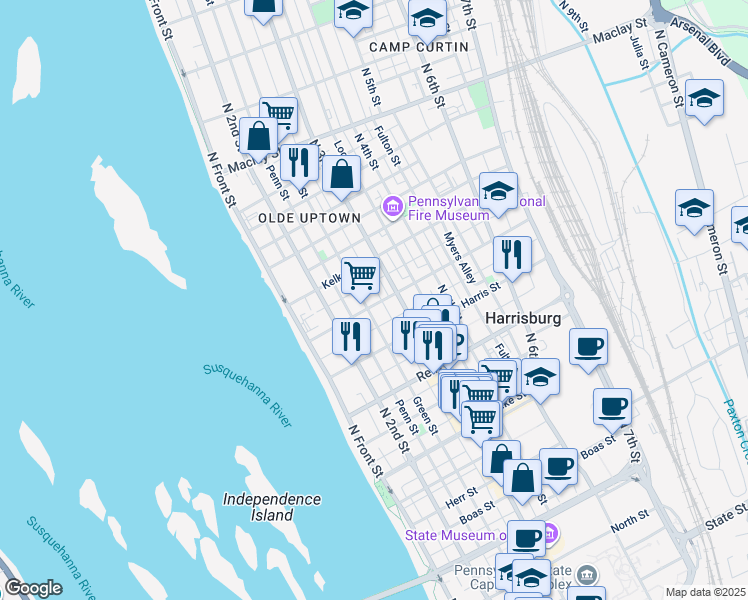 map of restaurants, bars, coffee shops, grocery stores, and more near in Harrisburg