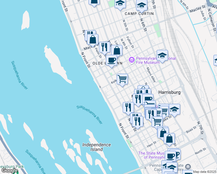 map of restaurants, bars, coffee shops, grocery stores, and more near 1719 North Front Street in Harrisburg