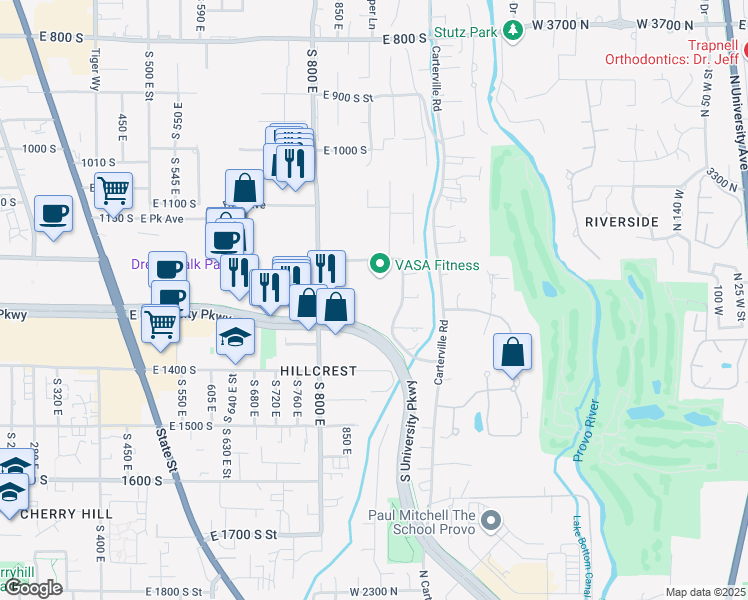 map of restaurants, bars, coffee shops, grocery stores, and more near 1281 South 800 East in Orem