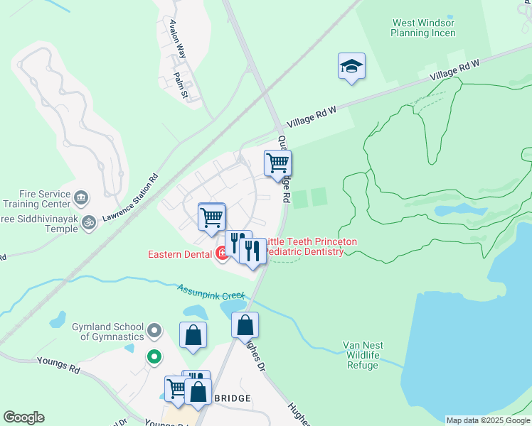 map of restaurants, bars, coffee shops, grocery stores, and more near 16 Rickard Court in Lawrence Township