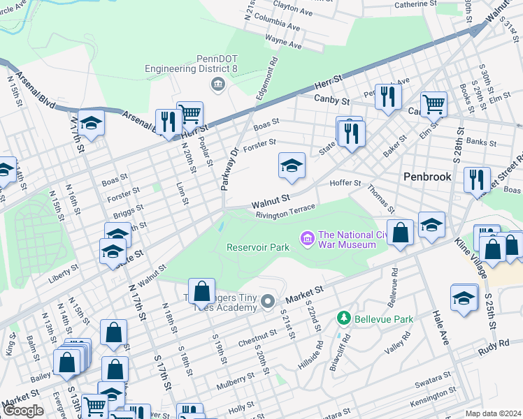 map of restaurants, bars, coffee shops, grocery stores, and more near 2103 Walnut Street in Harrisburg