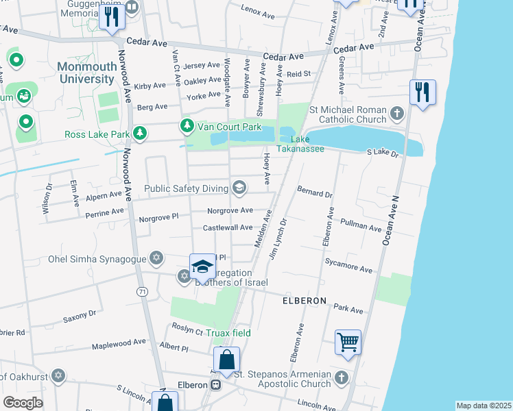 map of restaurants, bars, coffee shops, grocery stores, and more near 194 Norgrove Avenue in Long Branch