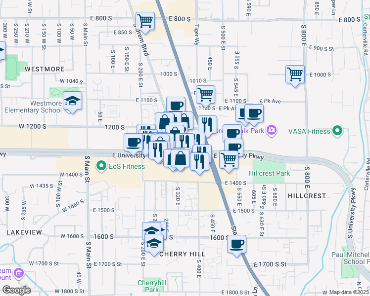 map of restaurants, bars, coffee shops, grocery stores, and more near 334 East University Parkway in Orem