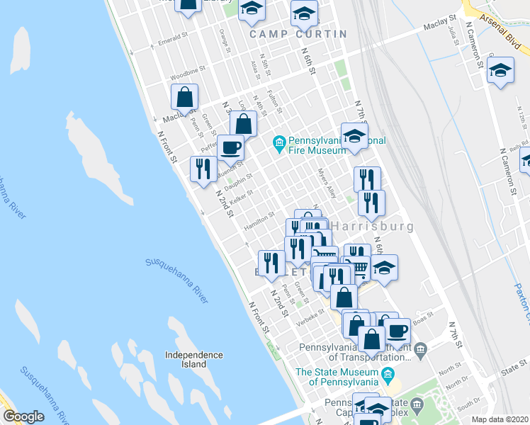 map of restaurants, bars, coffee shops, grocery stores, and more near 234 Hamilton Street in Harrisburg