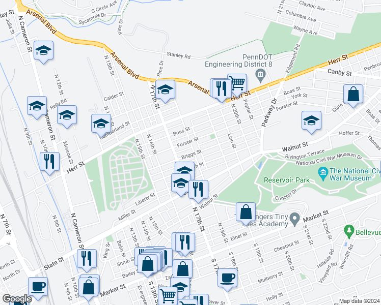 map of restaurants, bars, coffee shops, grocery stores, and more near 802 North 18th Street in Harrisburg