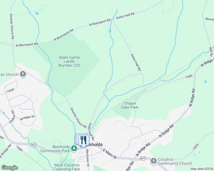 map of restaurants, bars, coffee shops, grocery stores, and more near 260 Galen Hall Road in Reinholds
