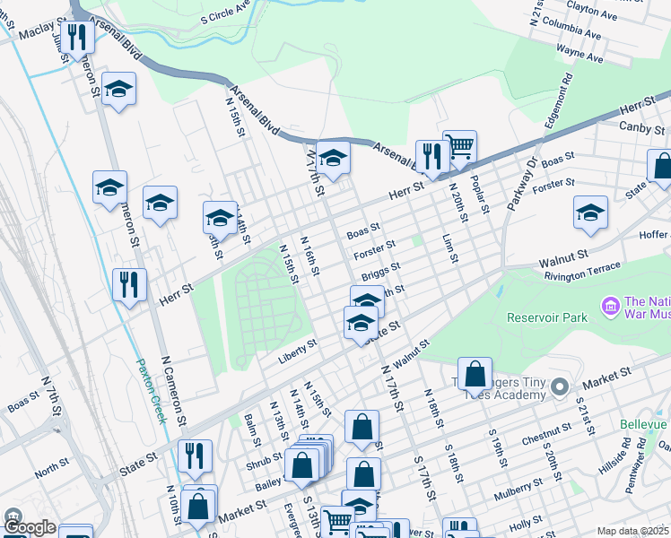 map of restaurants, bars, coffee shops, grocery stores, and more near 1615 Forster Street in Harrisburg