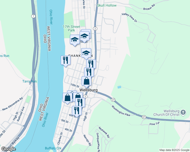 map of restaurants, bars, coffee shops, grocery stores, and more near 1199 Pleasant Ave in Wellsburg