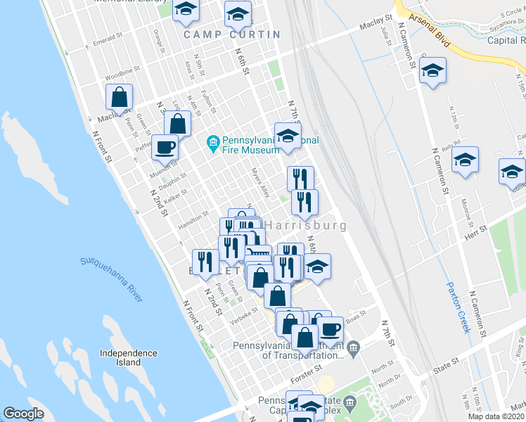 map of restaurants, bars, coffee shops, grocery stores, and more near 414 Harris Street in Harrisburg