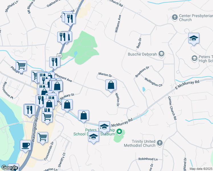 map of restaurants, bars, coffee shops, grocery stores, and more near 210 Marion Drive in McMurray