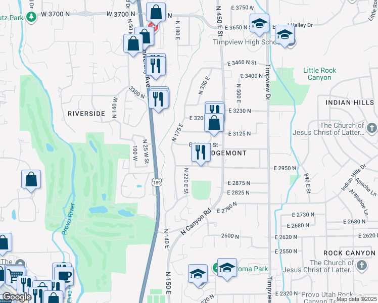 map of restaurants, bars, coffee shops, grocery stores, and more near 3025 North 250 East in Provo