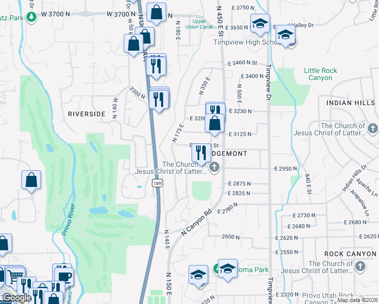 map of restaurants, bars, coffee shops, grocery stores, and more near 3025 North 250 East in Provo