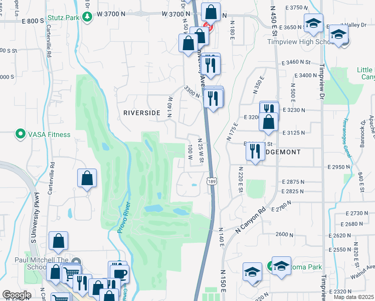 map of restaurants, bars, coffee shops, grocery stores, and more near 3057 North 100 West Street in Provo