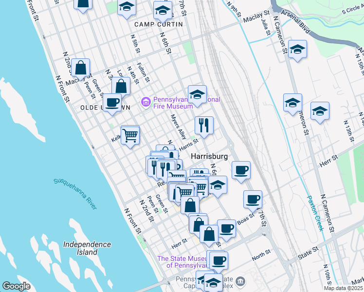 map of restaurants, bars, coffee shops, grocery stores, and more near 418 Harris Street in Harrisburg