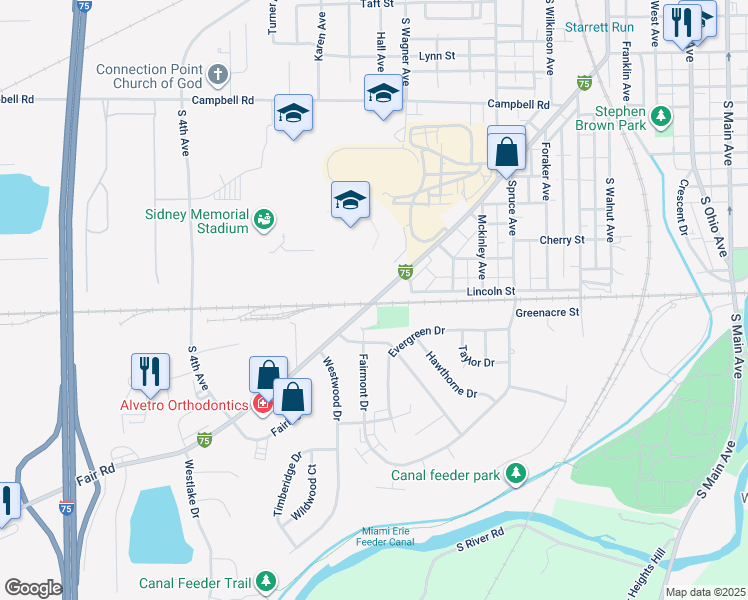 map of restaurants, bars, coffee shops, grocery stores, and more near 980 Fair Road in Sidney
